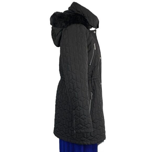 Calvin Klein Fur Trimmed Diamond Quilted 3/4 Length Coat - Black, Size Large - Picture 11 of 12